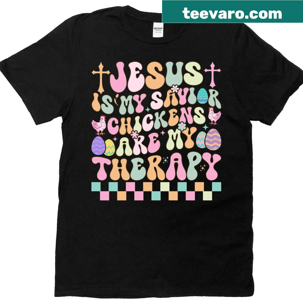 Heartfelt t-shirt about Jesus and chickens providing therapy — on a men's t-shirt
