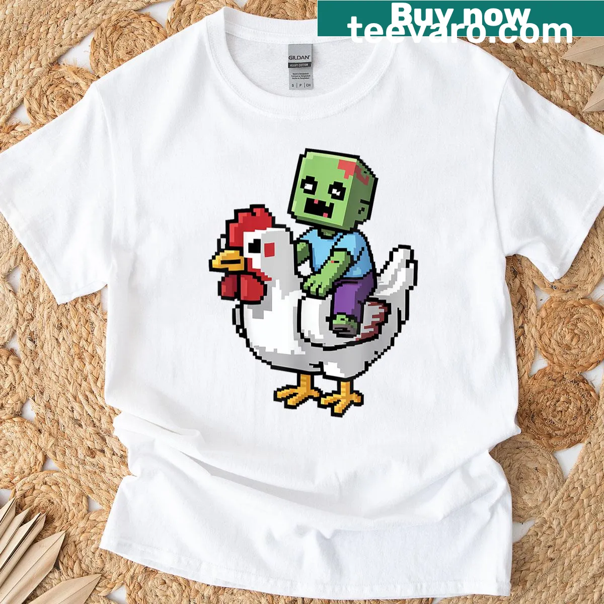 Pixel art zombie chicken graphic t-shirt for kids — on a men's t-shirt