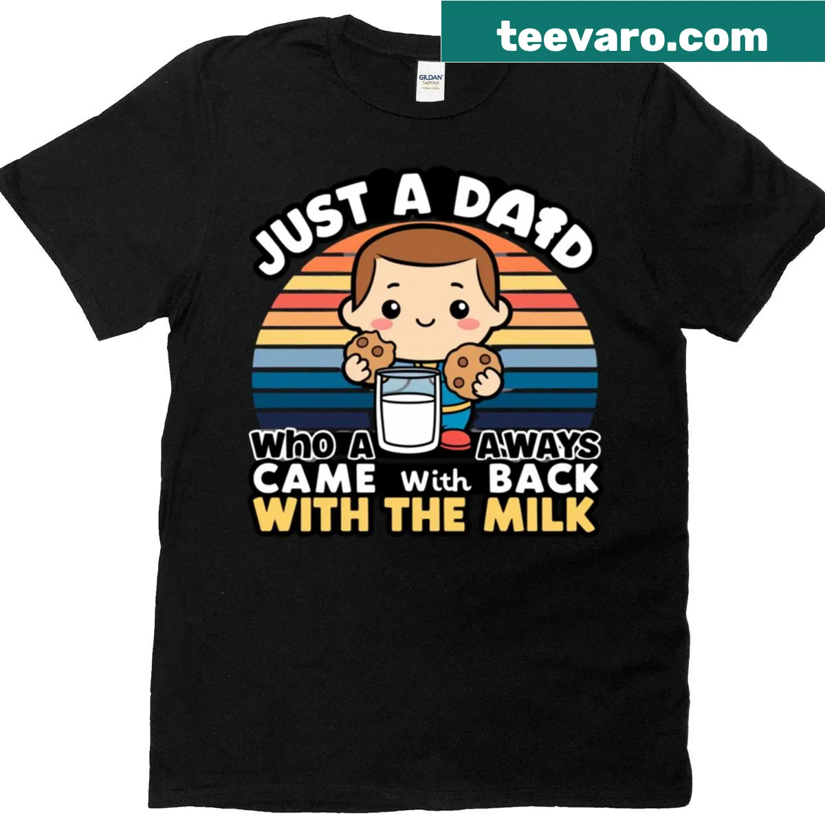 Funny dad t-shirt with the phrase about coming back with milk — on a men's t-shirt