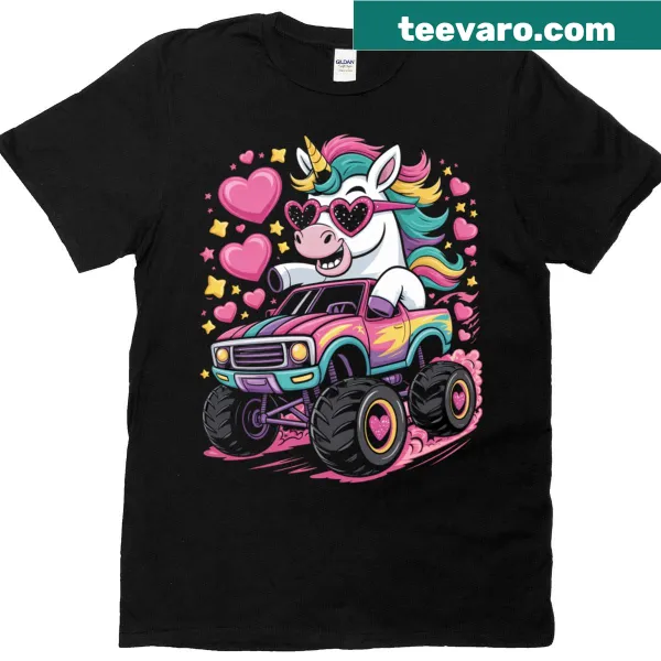 T-shirt featuring a girl graphic with monster trucks and unicorns