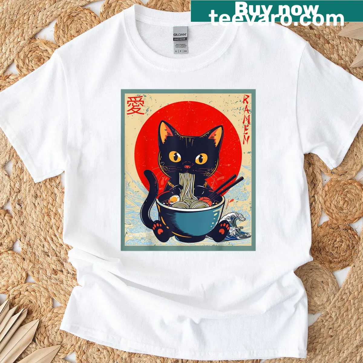 Kawaii T-shirt featuring a cat happily eating ramen noodles — on a men's t-shirt