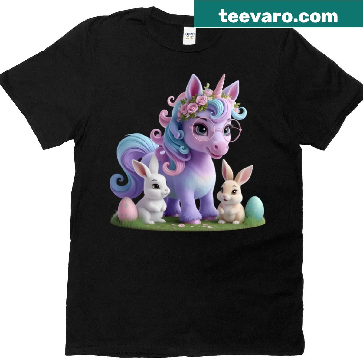 Kawaii unicorn with bunnies and Easter eggs on a t-shirt — on a men's t-shirt