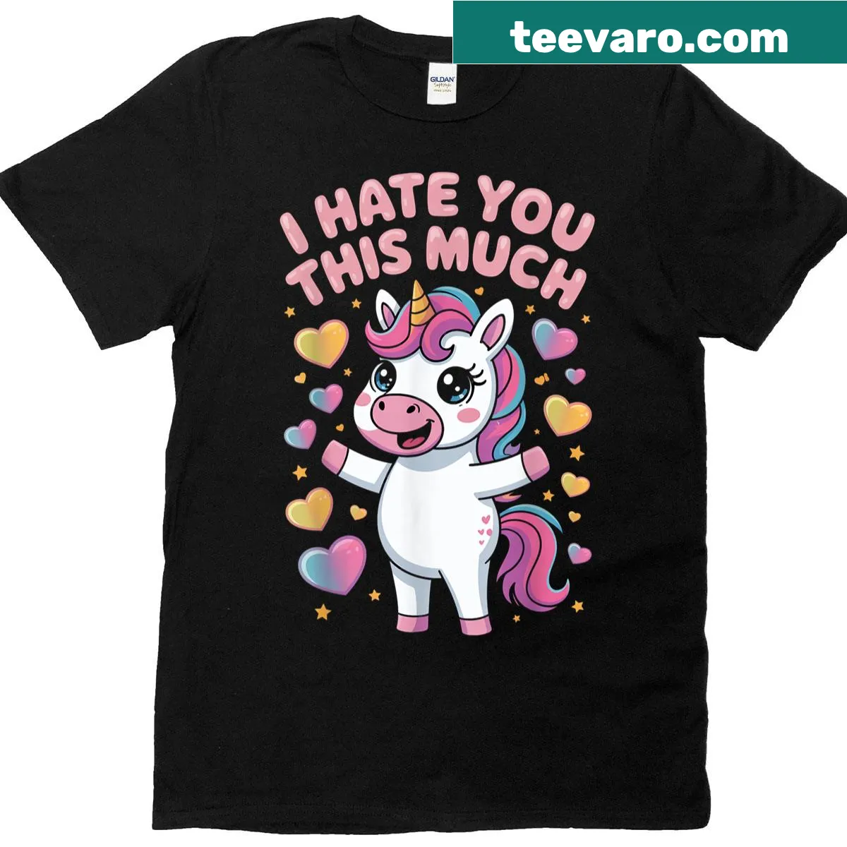Kawaii unicorn design with heart illustrations on a t-shirt — on a men's t-shirt