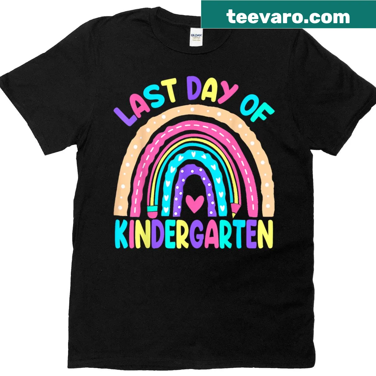 Rainbow-themed Last Day Of Kindergarten graphic T-shirt — on a men's t-shirt