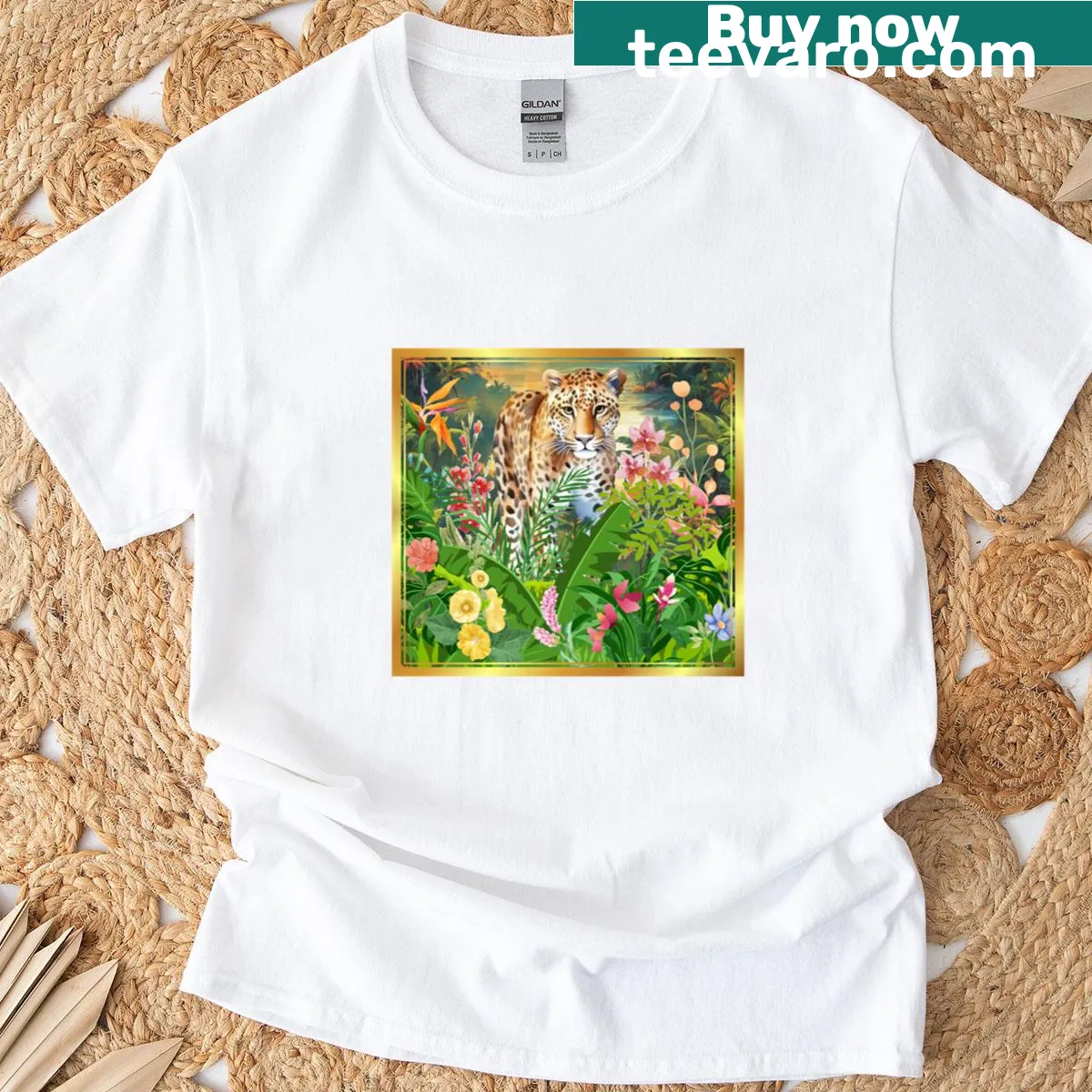 T-shirt featuring a leopard in a lush tropical setting. — on a men's t-shirt