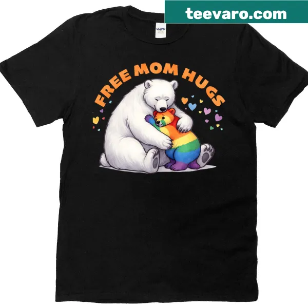T-shirt with a rainbow bear and text 'Free Mom Hugs' for LGBTQ pride