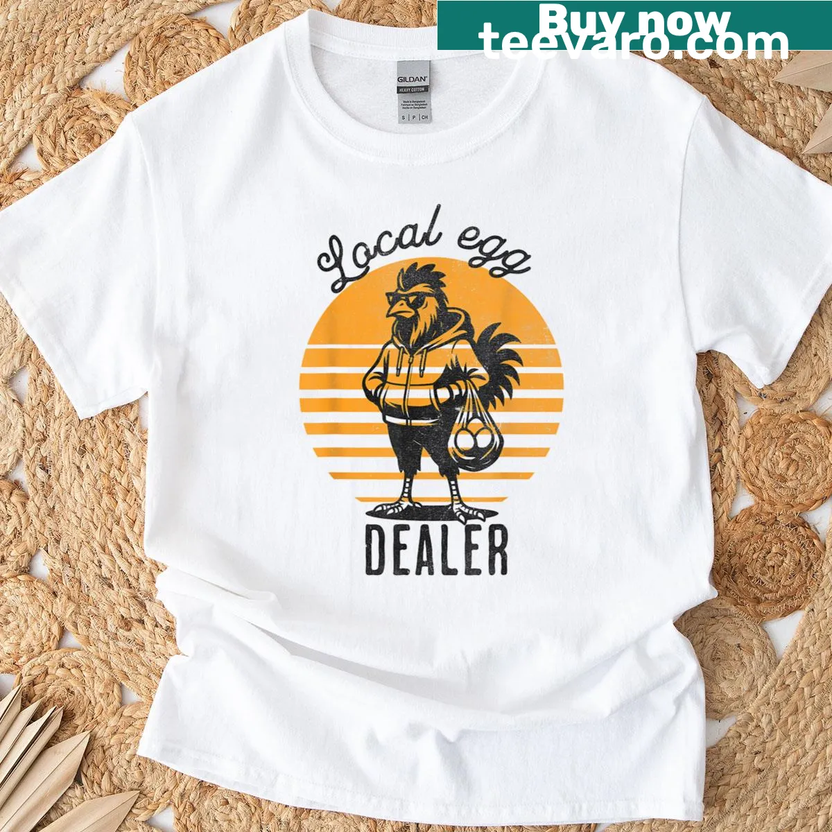 T-shirt for farmers featuring graphics of chickens and eggs — on a men's t-shirt