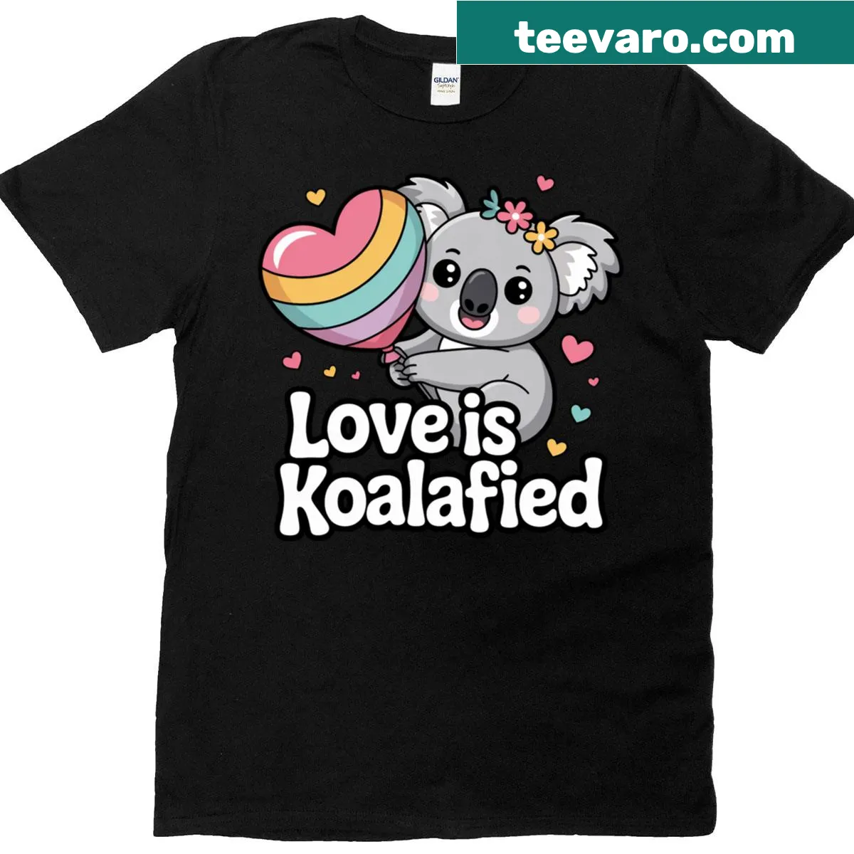Cute koala hugging rainbow heart balloon design on a T-shirt — on a men's t-shirt