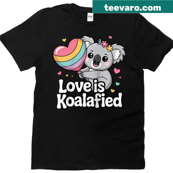 Cute koala hugging a rainbow heart balloon graphic T-shirt