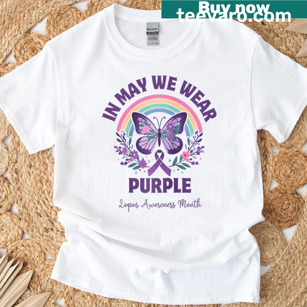 Purple butterfly graphic on a baseball tee for lupus awareness — on a men's t-shirt