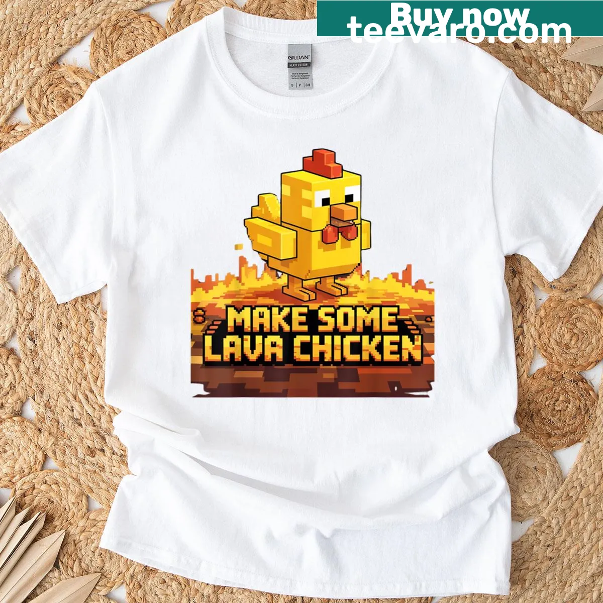 Pixel art T-shirt featuring a lava chicken graphic — on a men's t-shirt