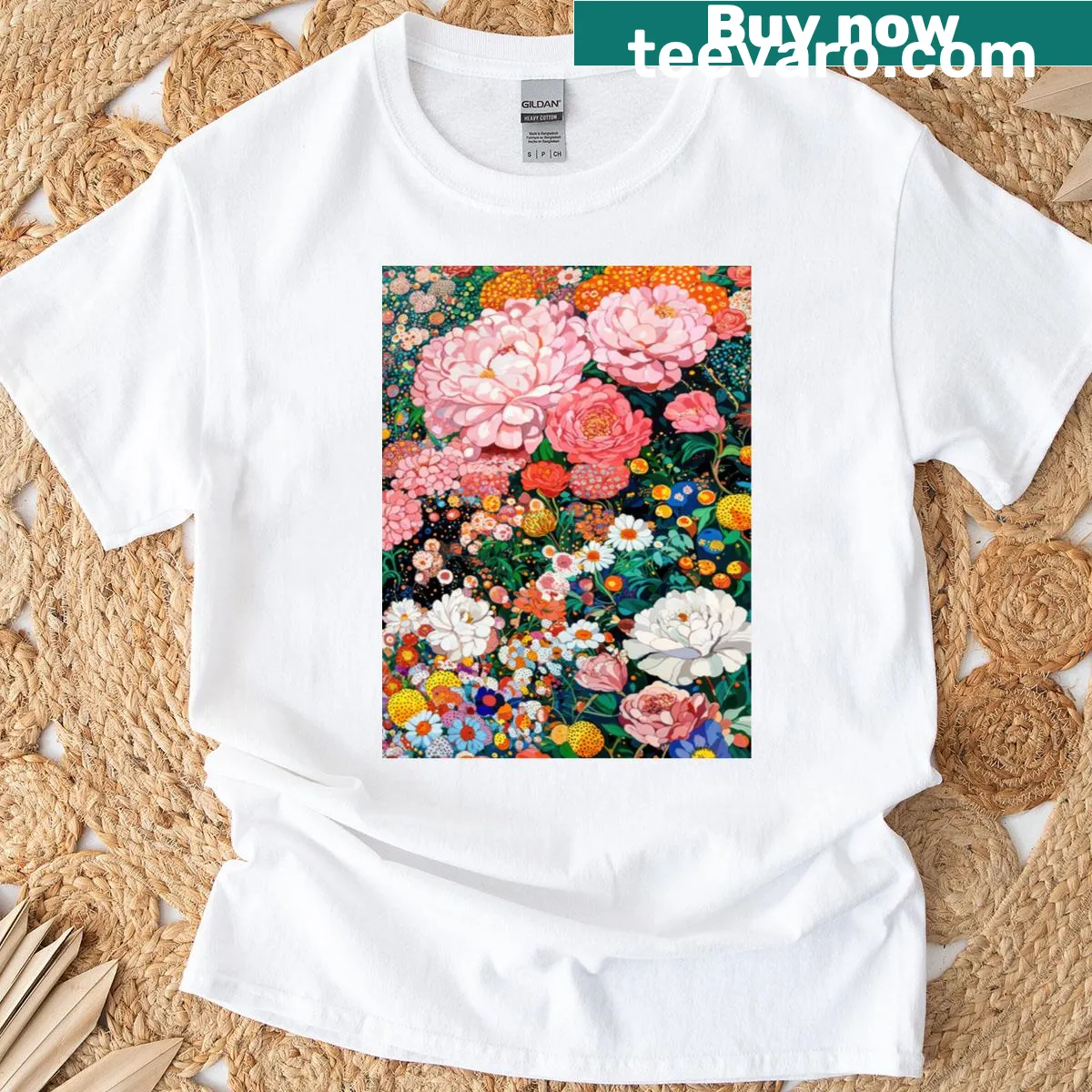 Floral design T-shirt inspired by Japanese art with polkadots — on a men's t-shirt