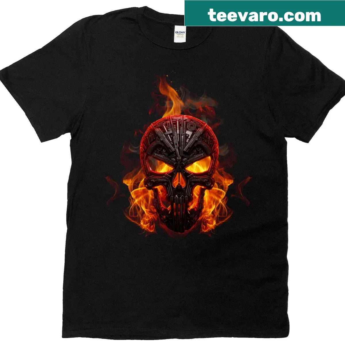 Skull on fire graphic t-shirt with edgy design — on a men's t-shirt