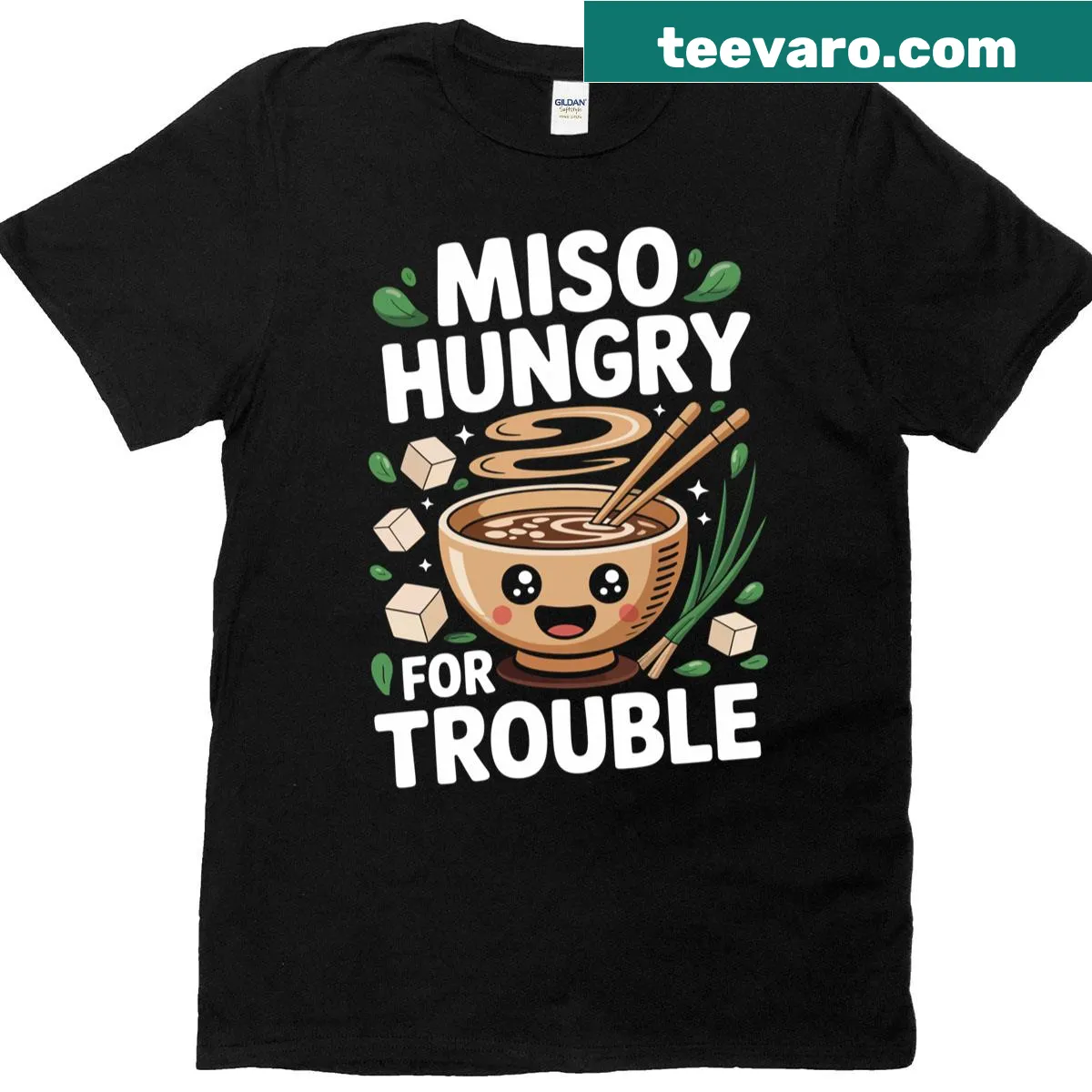 Cute miso soup graphic t-shirt with friendly character — on a men's t-shirt