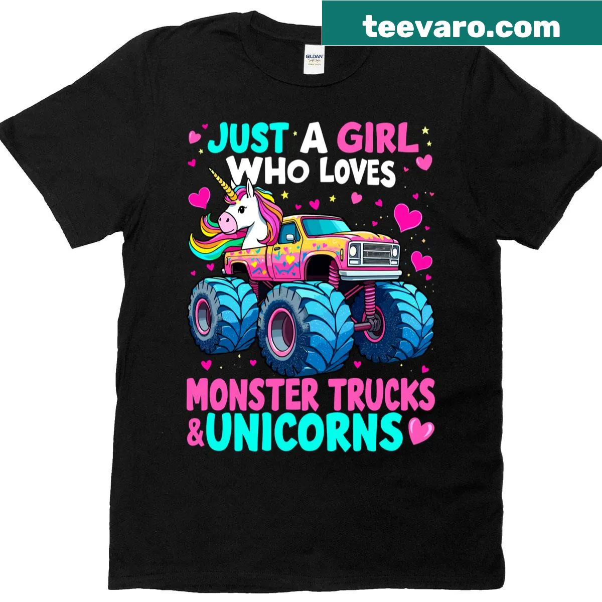 Cartoon monster truck and unicorn design t-shirt — on a men's t-shirt