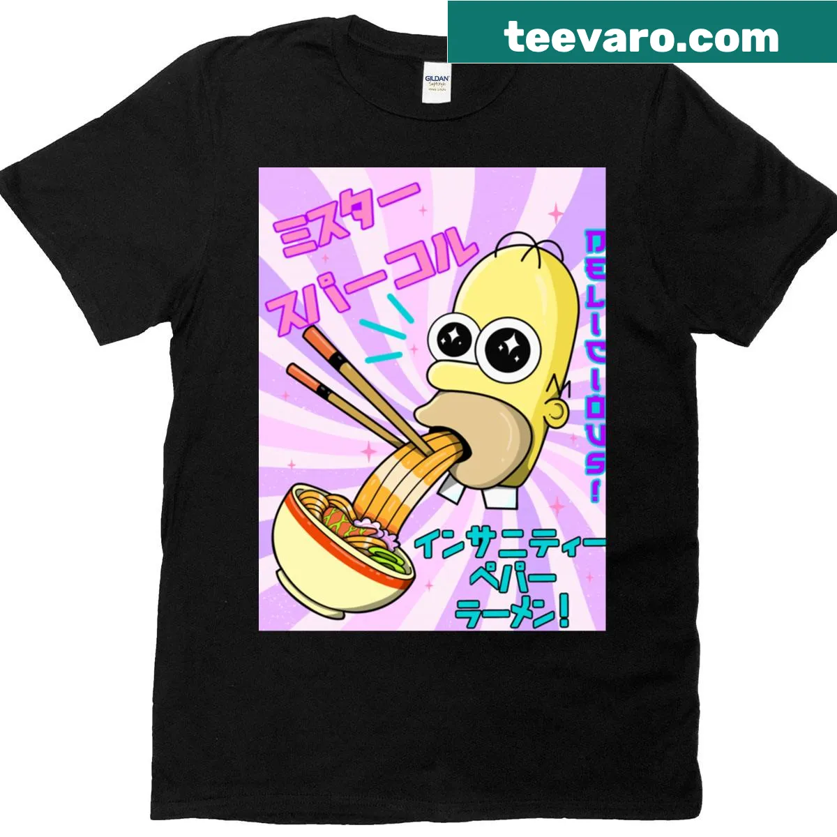Oversized ramen graphic t-shirt featuring Mr. Sparkles — on a men's t-shirt