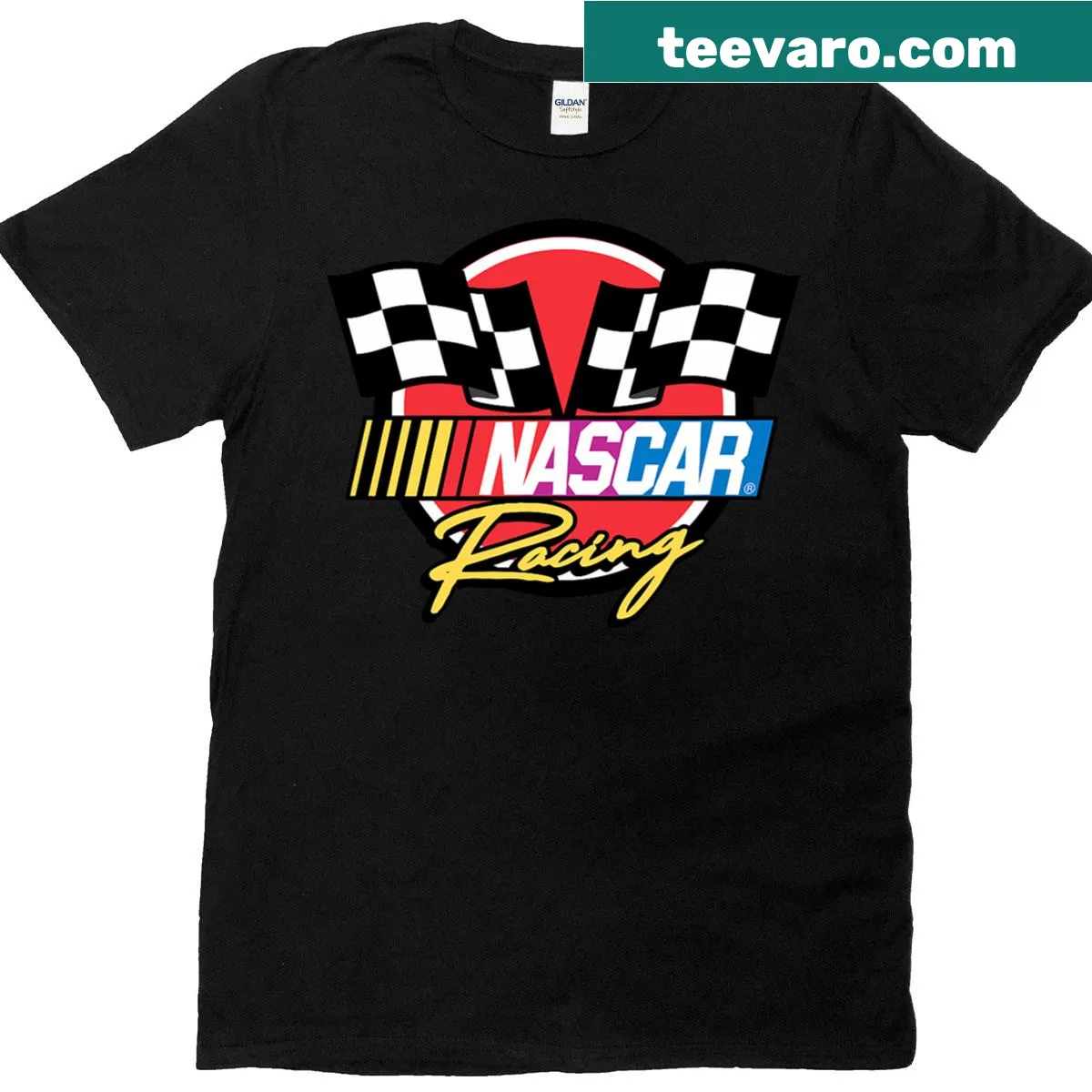 T-shirt with NASCAR checkered flags logo design — on a men's t-shirt