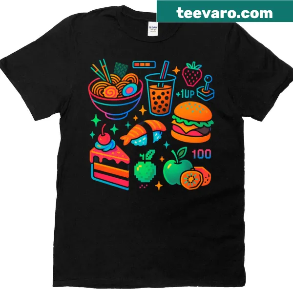 Cartoonish Neon Gamer Food Icons T-shirt with colorful snack graphics