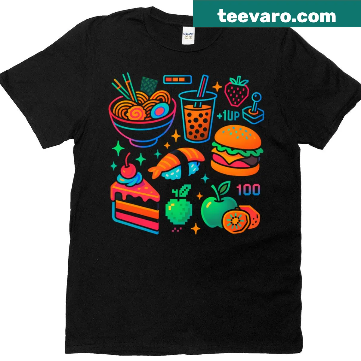 Cartoonish Neon Gamer Food Icons T-shirt with colorful snack graphics — on a men's t-shirt