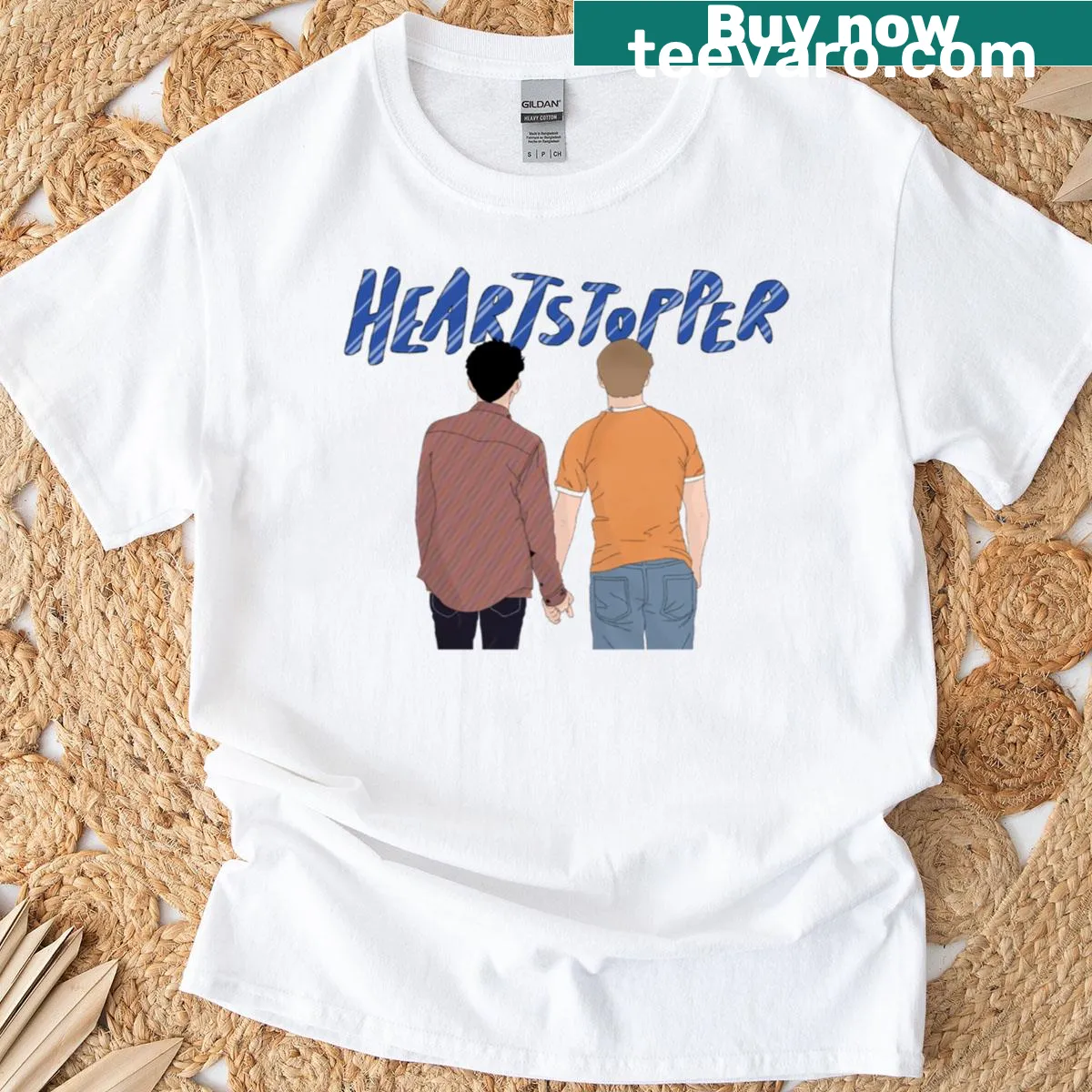 Illustrated Nick and Charlie Heartstopper t-shirt with affectionate phrase — on a men's t-shirt