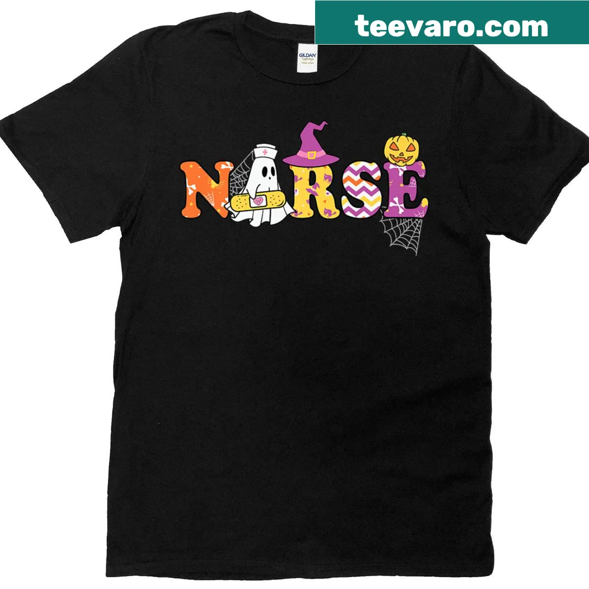 Halloween t-shirt for nurses with ghost, witch, and pumpkin graphics — on a men's t-shirt