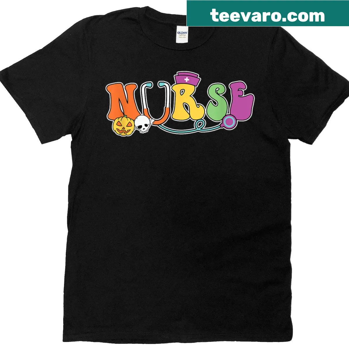 Nurse Halloween T-shirt featuring pumpkin and skull graphic — on a men's t-shirt