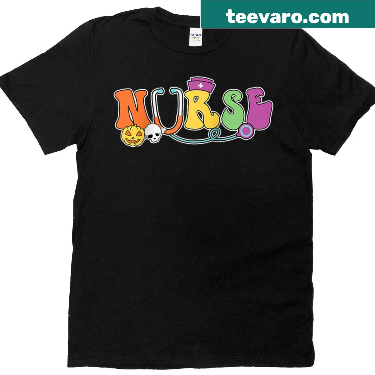 Halloween raglan t-shirt for nurses with pumpkin skull graphics — on a men's t-shirt