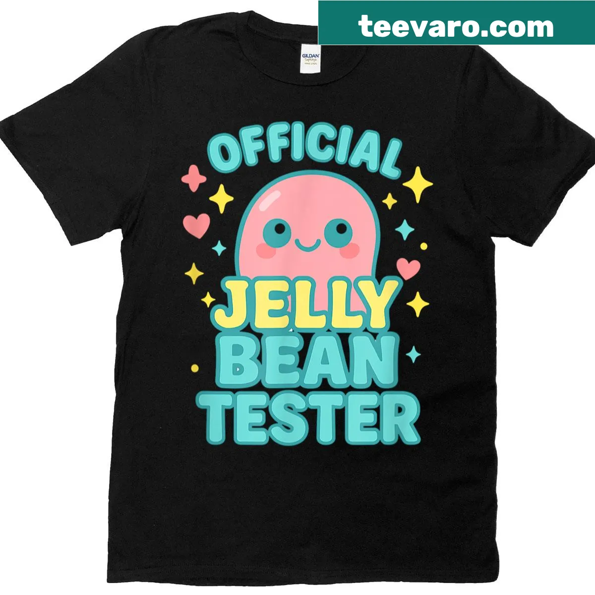 Funny Easter t-shirt with 'Official Jelly Bean Tester' text design — on a men's t-shirt