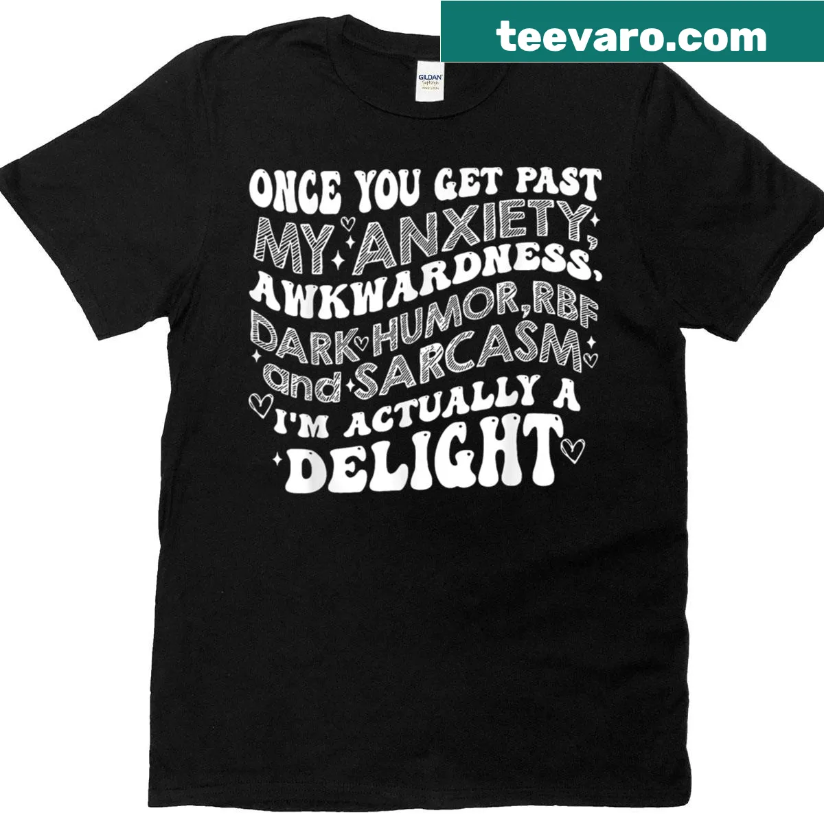 Sarcastic t-shirt with 'Once You Get Past My Anxiety Awkwardness' text — on a men's t-shirt