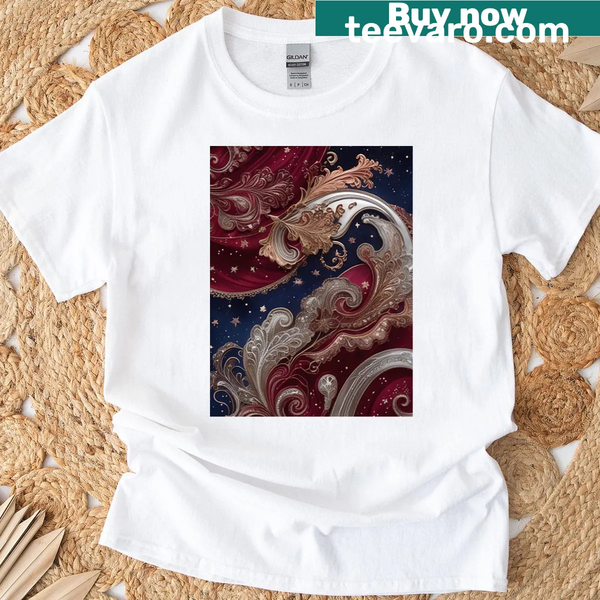 Vintage-inspired T-shirt with decorative ornament pattern — on a men's t-shirt