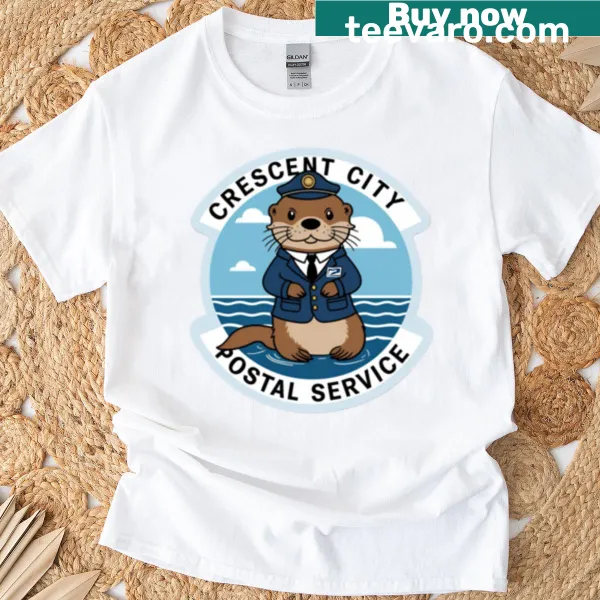 Cartoon otter postal worker T-shirt with a mailbag