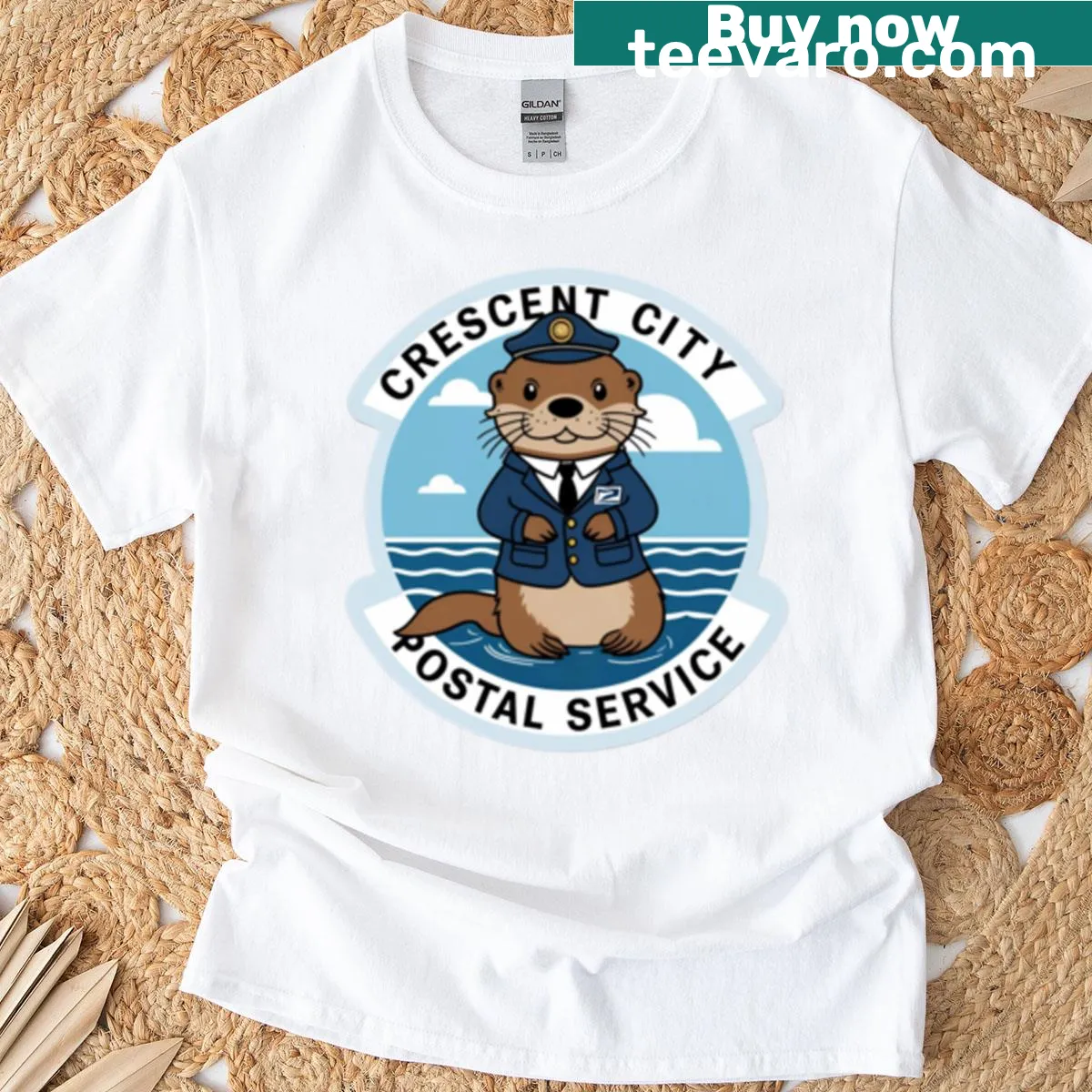 Cartoon otter postal worker T-shirt with a mailbag — on a men's t-shirt