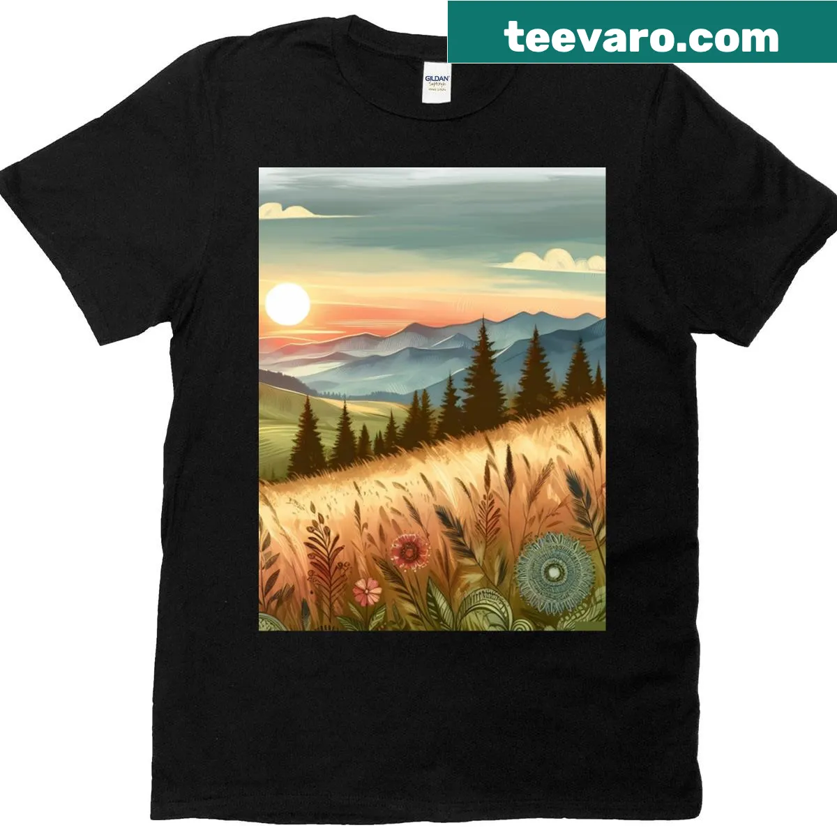 Graphic t-shirt depicting nature patterns of forests and prairies. — on a men's t-shirt
