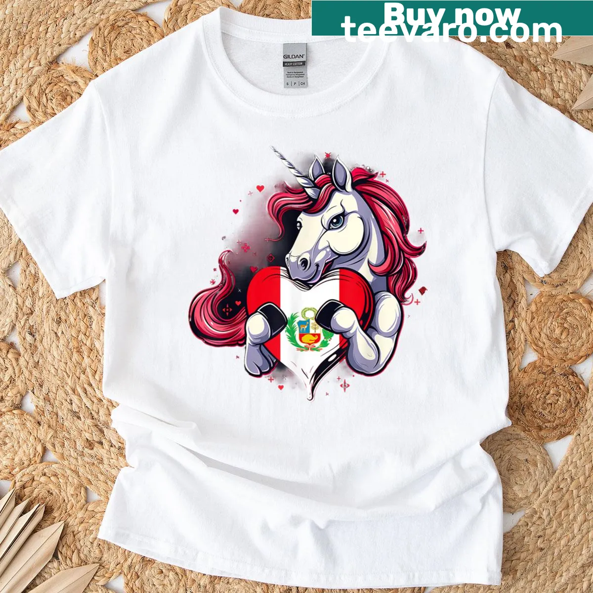 T-shirt featuring a unicorn with the Peru flag celebrating Peruvian pride. — on a men's t-shirt