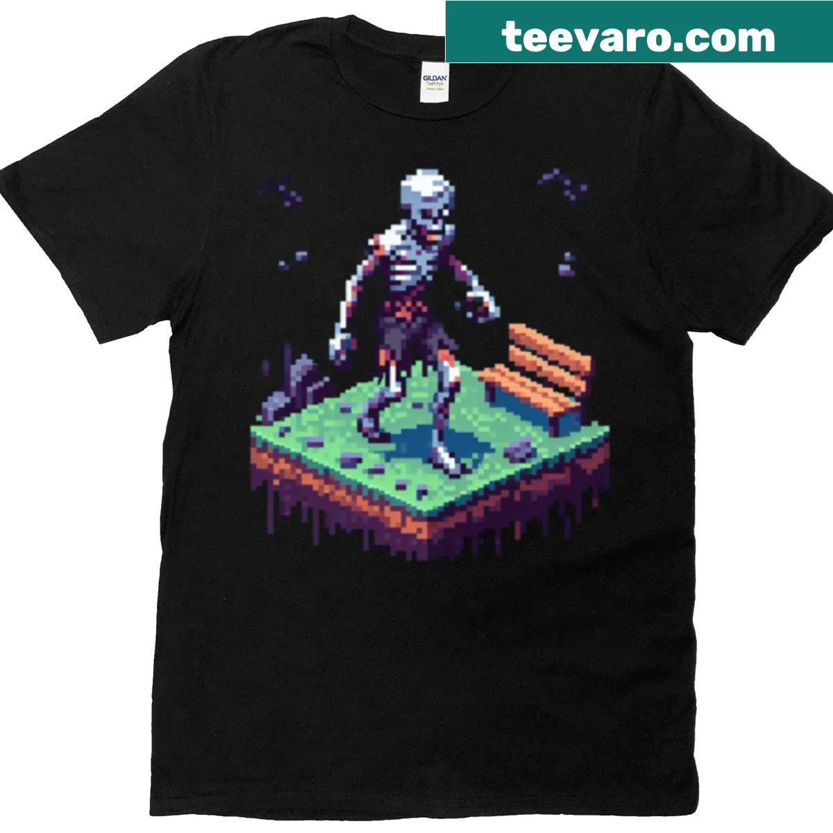 Edgy T-shirt with pixel art zombie graphic — on a men's t-shirt