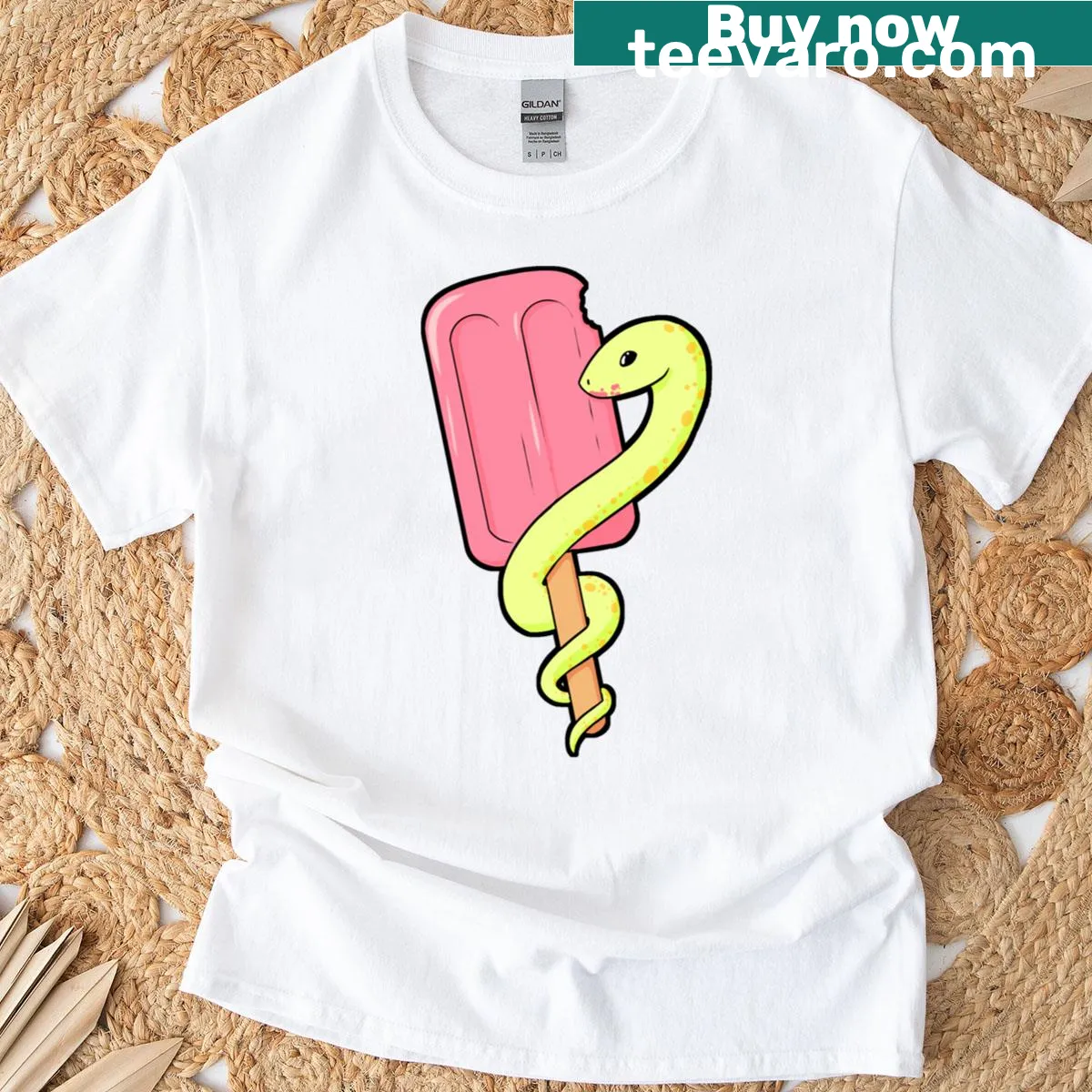 Whimsical illustration of a popsicle designed as a snake on a t-shirt — on a men's t-shirt