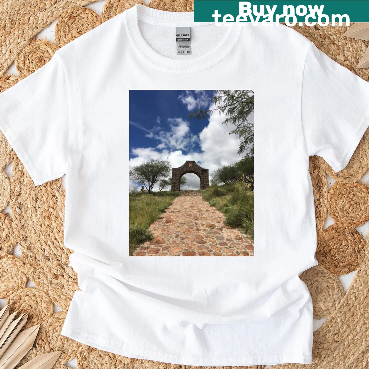 Illustrated portal leading to a heavenly landscape on a t-shirt — on a men's t-shirt