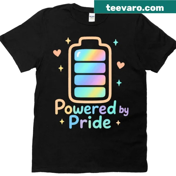 Rainbow battery graphic t-shirt with 'Powered By Pride' text