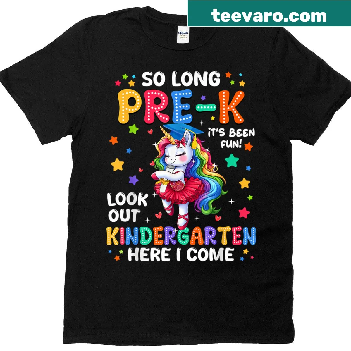 Playful unicorn graphic for kindergarten graduation on a kids t-shirt — on a men's t-shirt