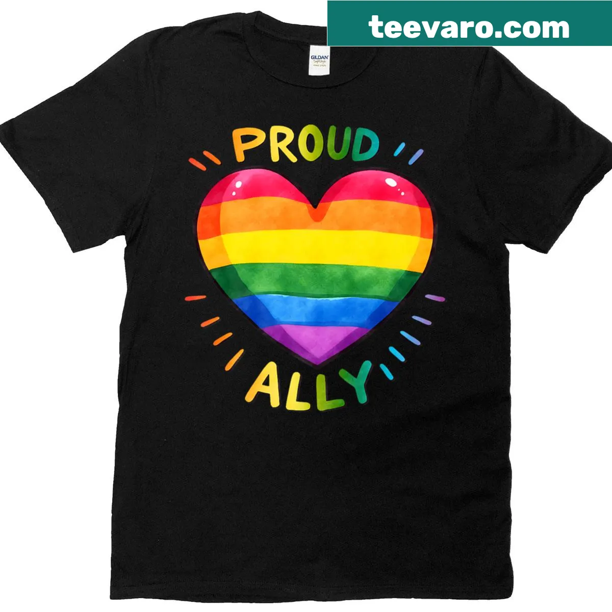 Heart graphic t-shirt with rainbow design supporting LGBTQ — on a men's t-shirt