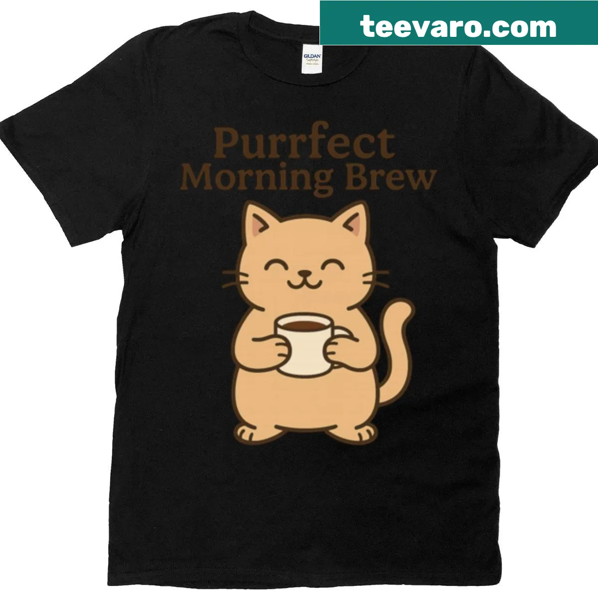Cute coffee-loving cat graphic on t-shirt — on a men's t-shirt