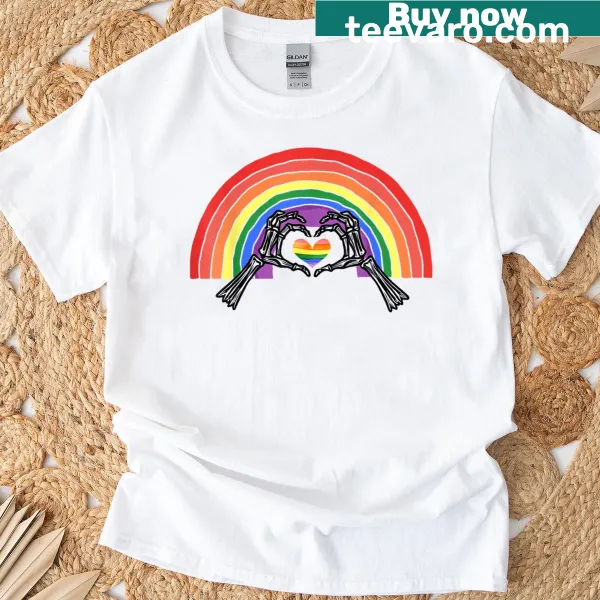 T-shirt with a rainbow heart made by a skeleton