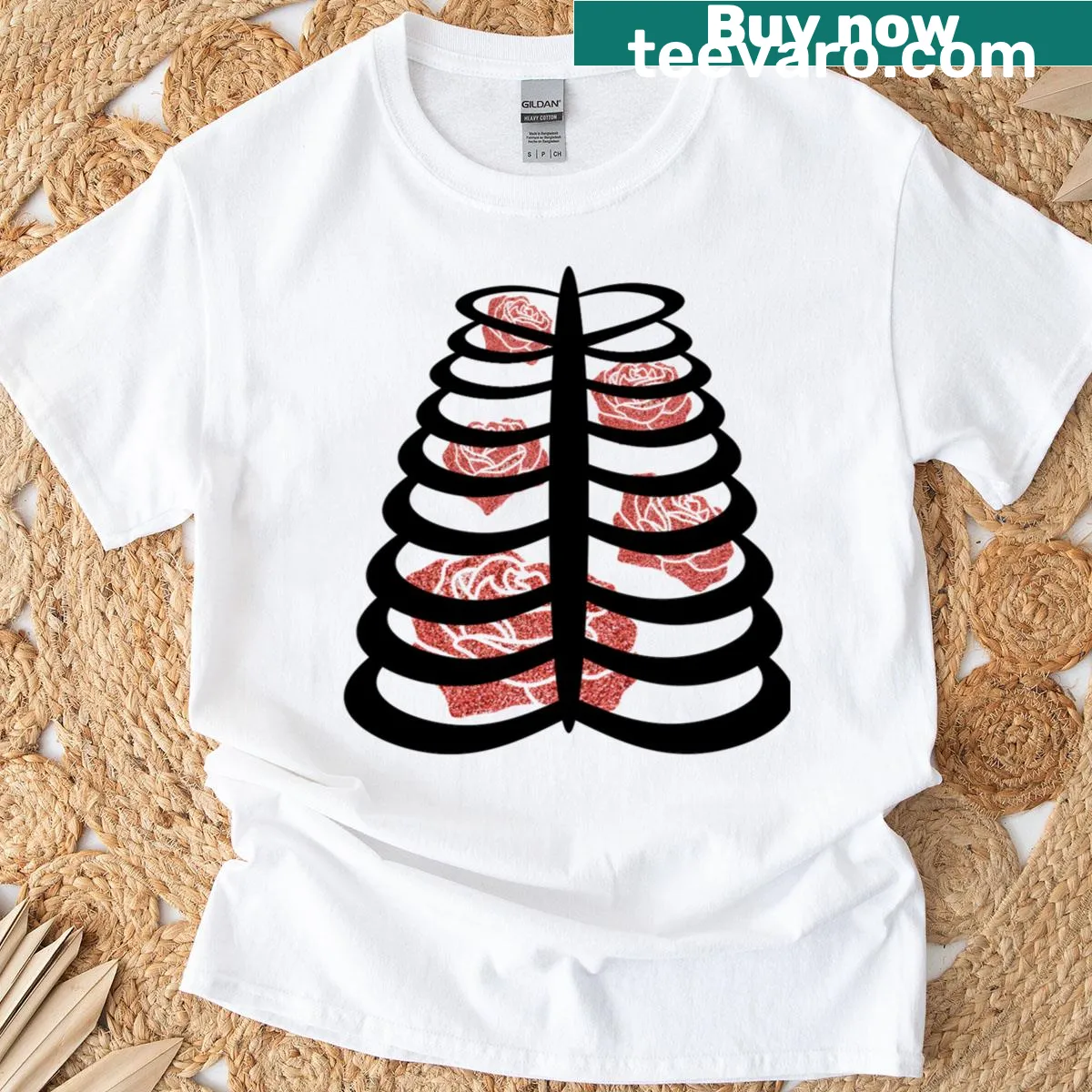 Roses design in ribcage illustration on T-shirt — on a men's t-shirt