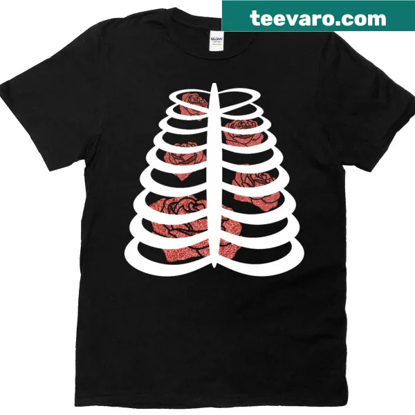 Graphic of red roses inside a white rib cage on T-shirt