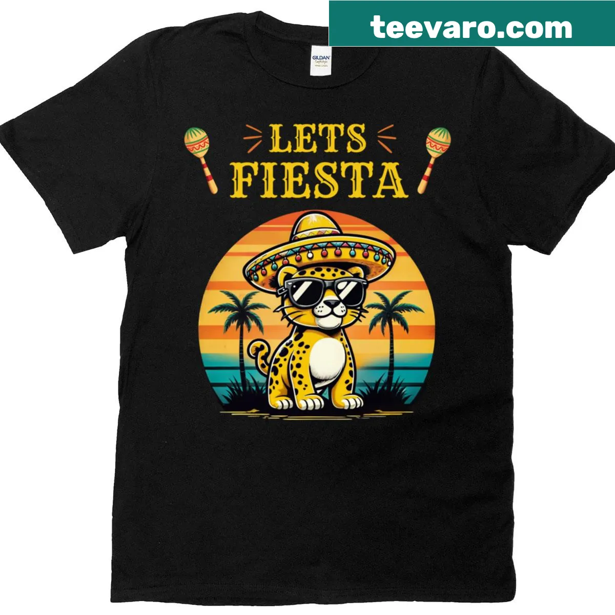 Retro leopard fiesta party vibes t-shirt with sunset theme — on a men's t-shirt