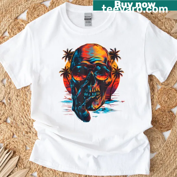 Retro skull with sunglasses and tropical elements graphic T-shirt.