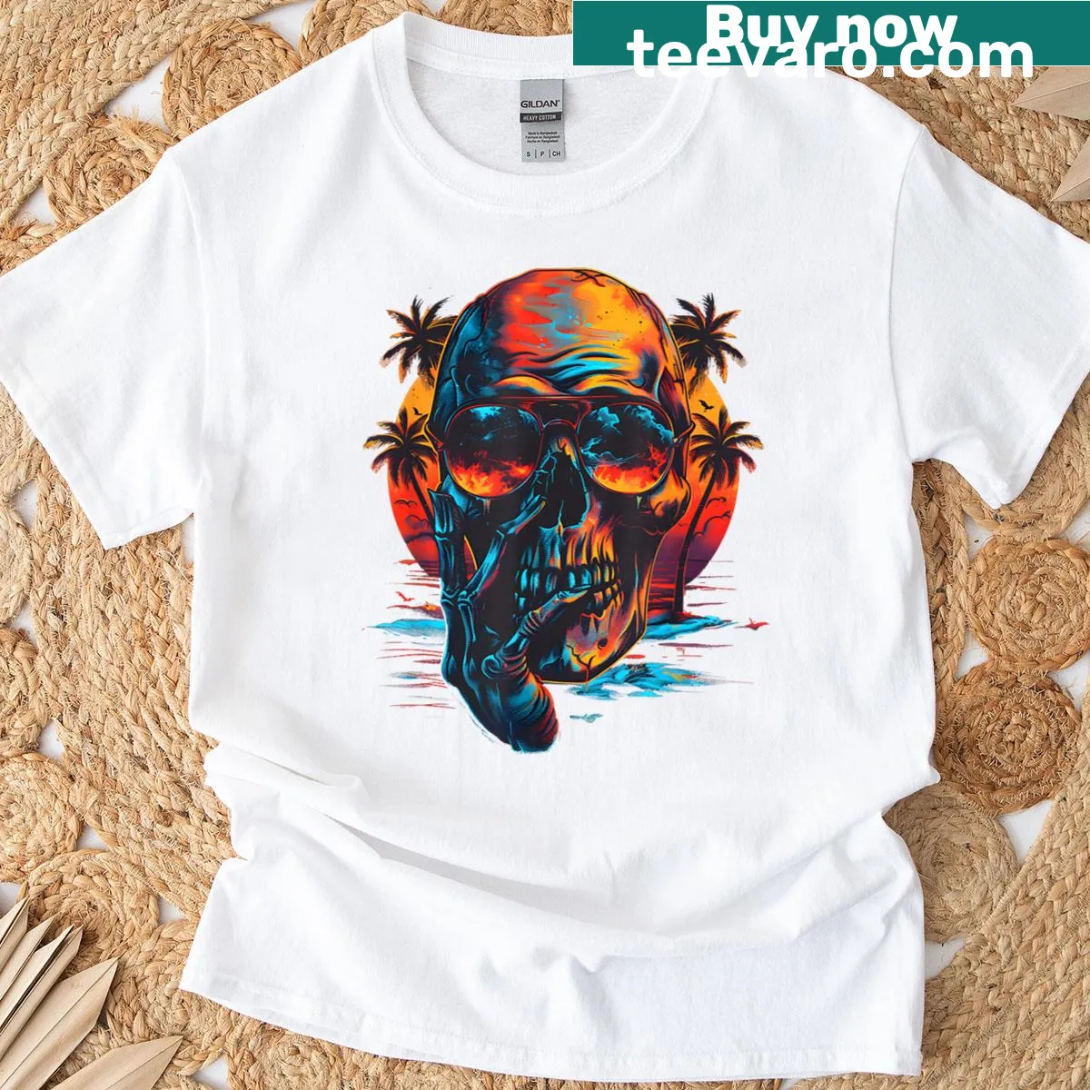 Retro skull with sunglasses and tropical elements graphic T-shirt. — on a men's t-shirt
