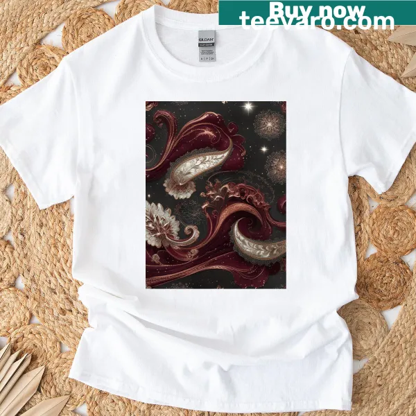 Vintage ornate swirl pattern T-shirt design with regal flair.