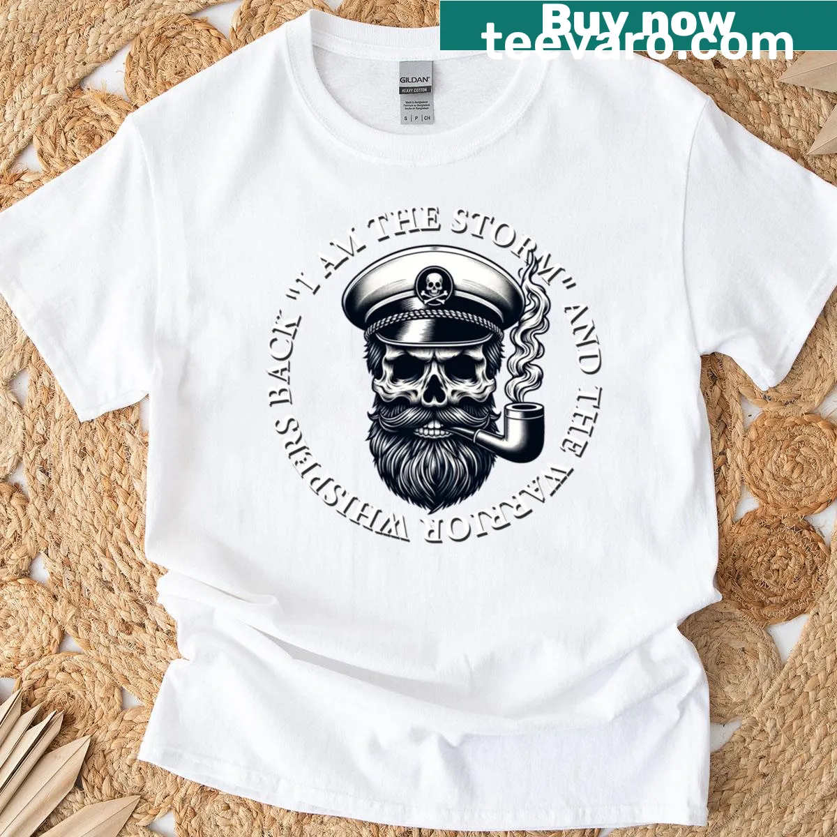 Sailor skull warrior art t-shirt with storm-themed graphics — on a men's t-shirt