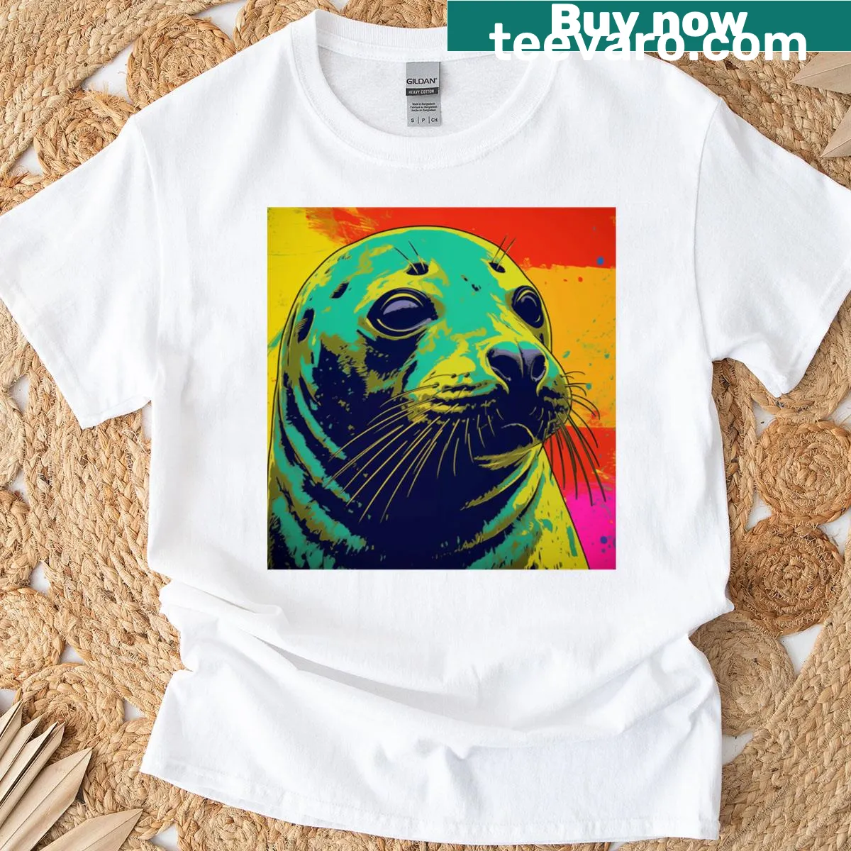 Pop art seal graphic with playful typography — on a men's t-shirt